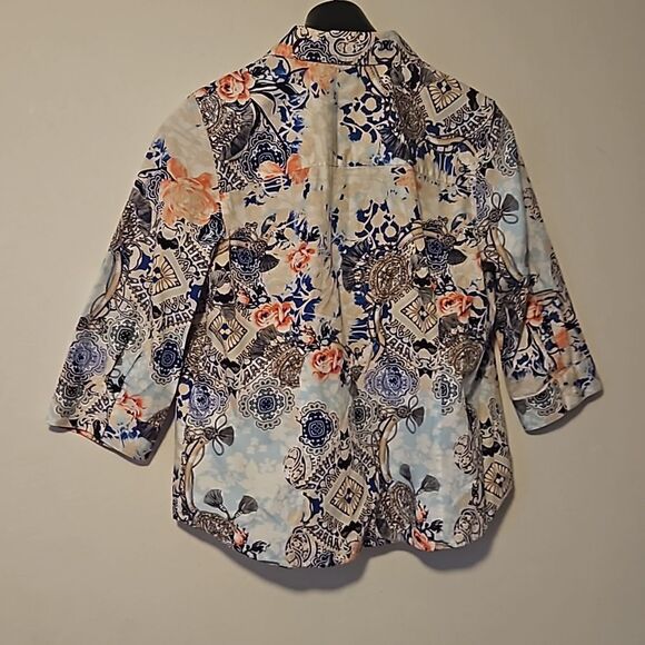 Chico’s 100% Linen Non-Iron Floral Loop-Back Tunic Button Up Shirt Chico's 2 (L) - Picture 5 of 5